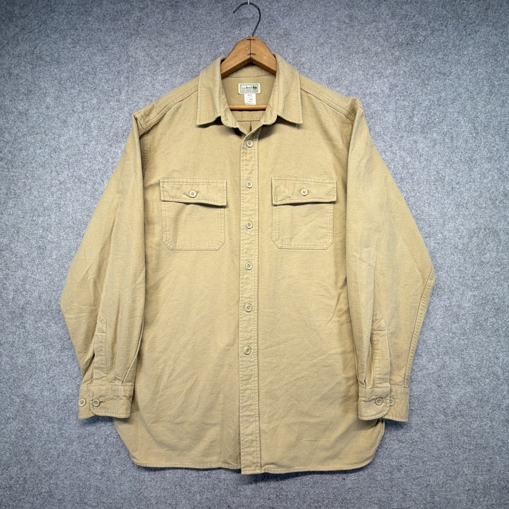 L.L. Bean Chamois Cloth Button-Up Shirt Mens Size Large Reg Tan Long Sleeve